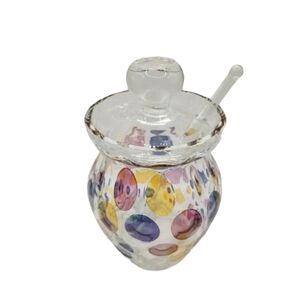 Art Glass Jam Sugar Mustard Honey Pot & Spoon Lid Clear Multi Color Circles